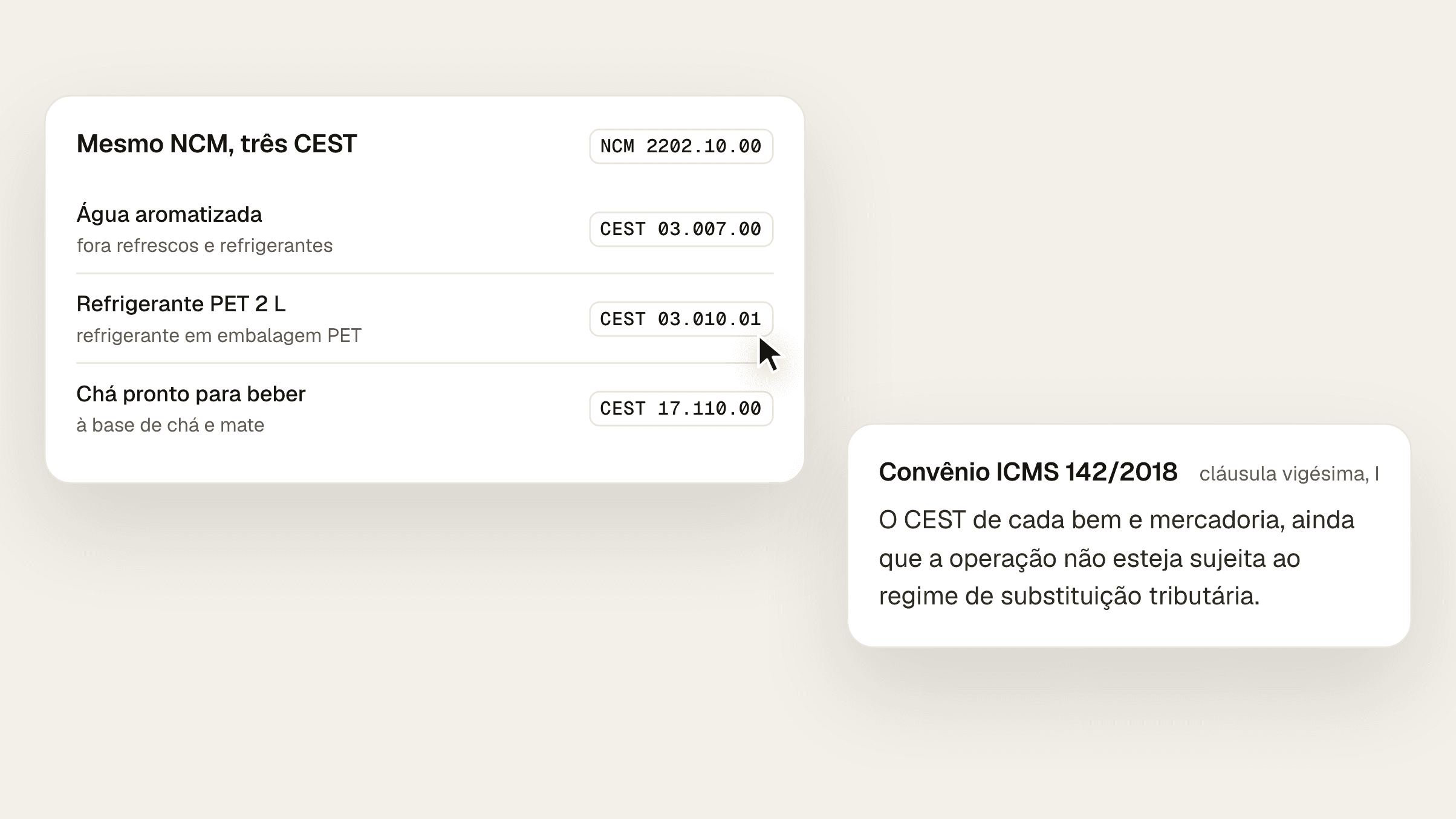 Composição com três produtos do mesmo NCM 2202.10.00 e CEST diferentes, água aromatizada com 03.007.00, refrigerante em embalagem PET com 03.010.01 e chá pronto para beber com 17.110.00, e o trecho do Convênio ICMS 142/2018 que manda informar o CEST ainda que a operação não esteja sujeita à substituição tributária