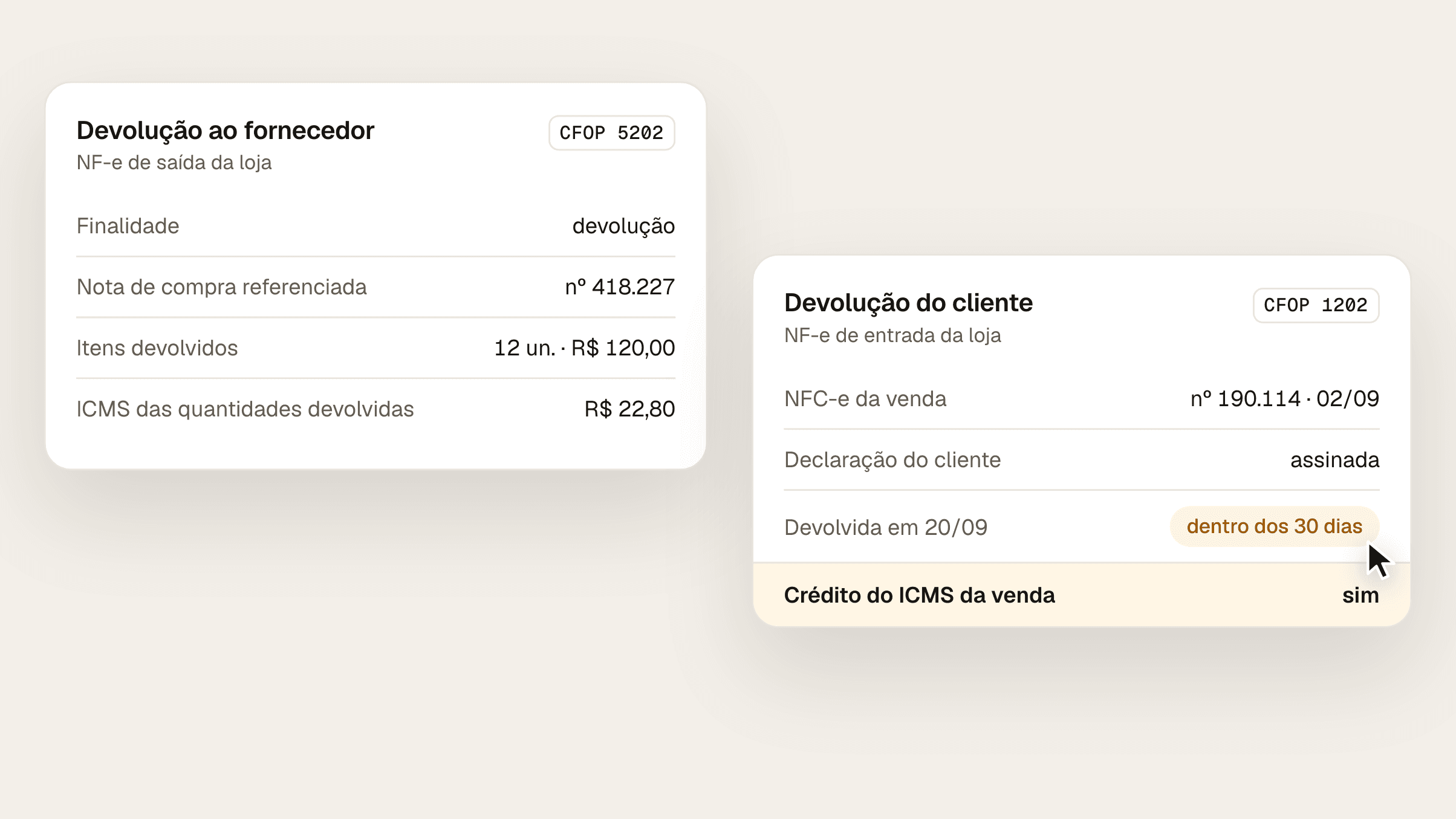 Composição com duas notas de devolução: a NF-e de saída da loja ao fornecedor com CFOP 5.202, finalidade devolução, referência à nota de compra e ICMS da quantidade devolvida, e a NF-e de entrada da devolução de um cliente com CFOP 1.202, referência à NFC-e, declaração do cliente e o prazo de 30 dias do RICMS-PA