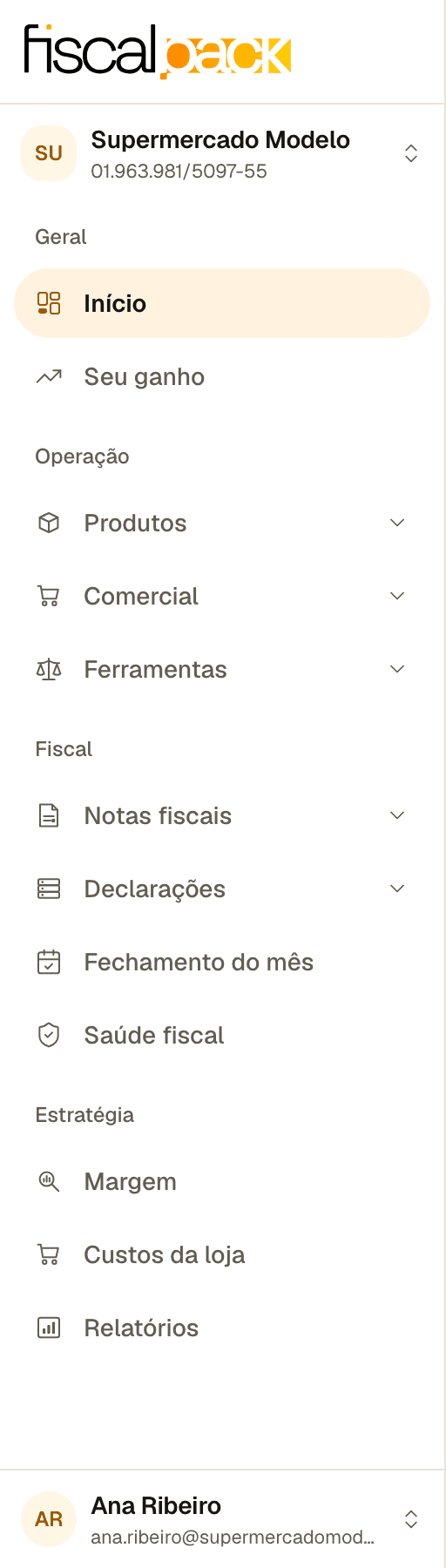 barra lateral com as quatro seções: Geral, Operação, Fiscal e Estratégia