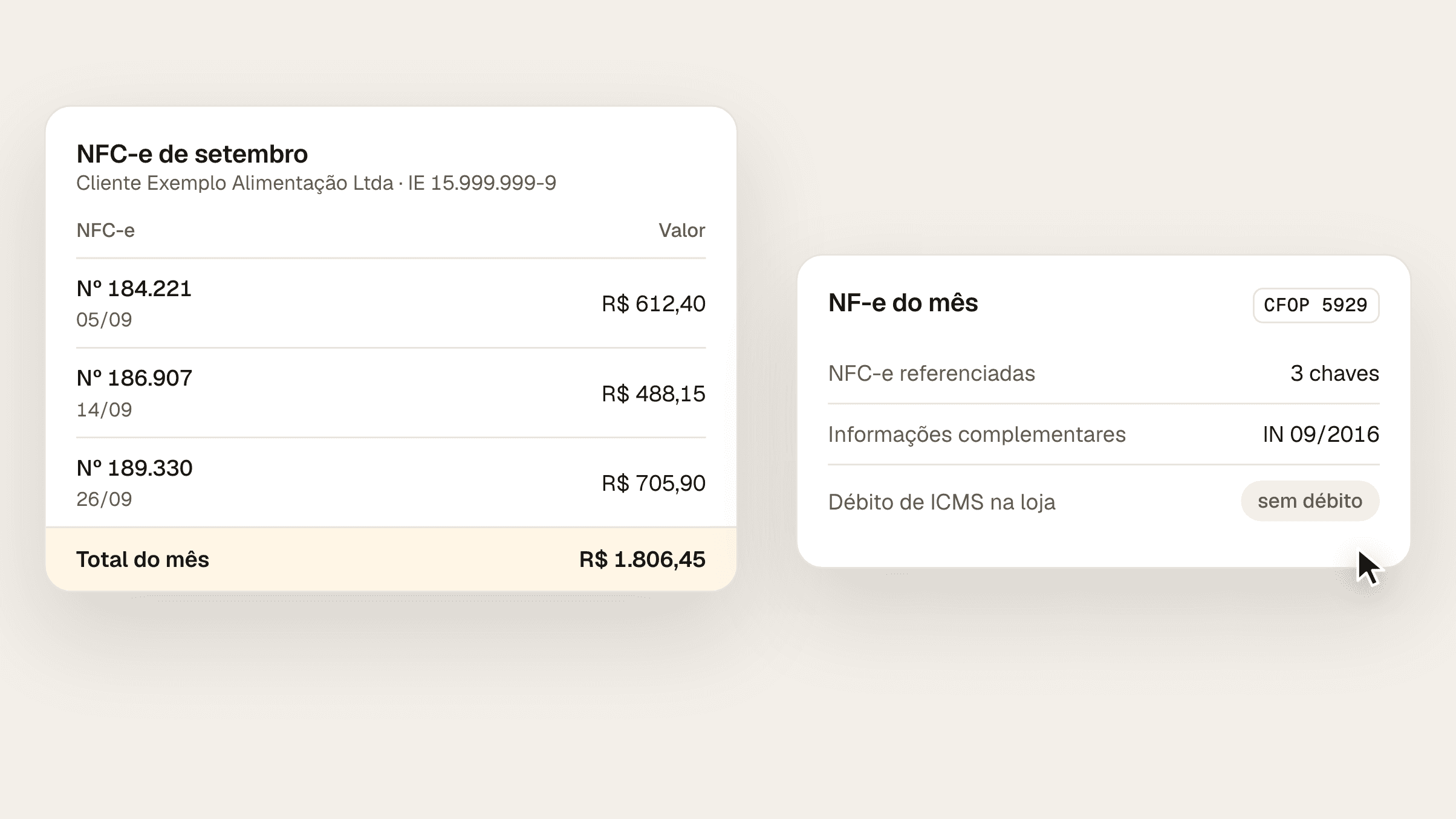 Composição com a lista de NFC-e de setembro de um mesmo comprador contribuinte do ICMS, com nome e inscrição estadual, e a NF-e mensal com CFOP 5.929 que referencia as chaves dessas NFC-e, traz nas informações complementares a expressão Emitida nos termos da IN 09/2016 e é escriturada sem débito de ICMS