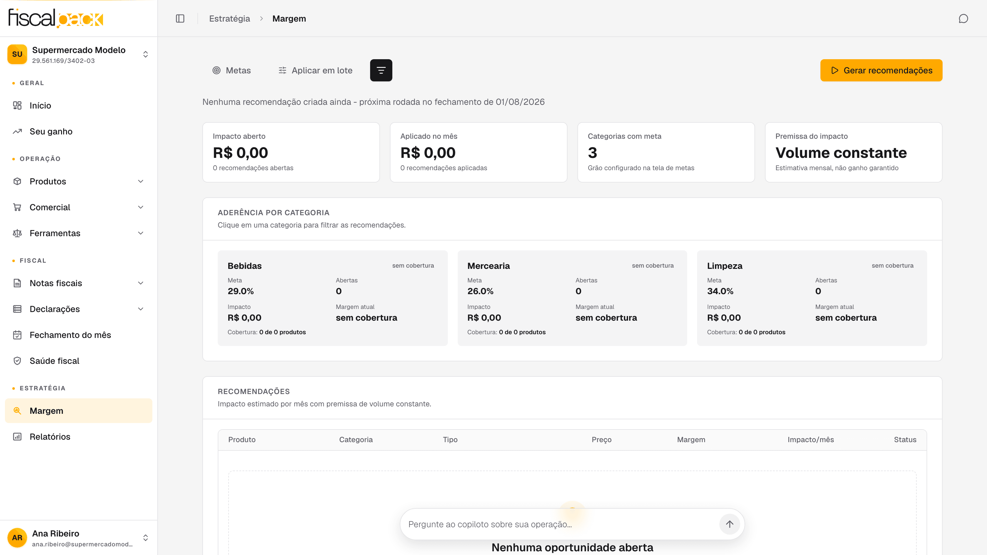 tela Margem com o botão Gerar recomendações no topo e o resumo da próxima rodada