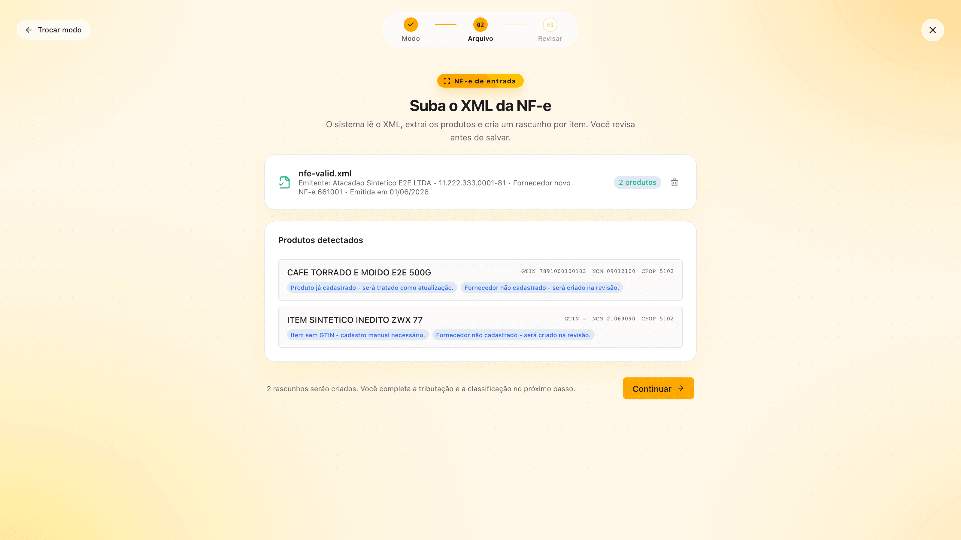 modo NF-e de entrada com os itens extraídos do XML da nota