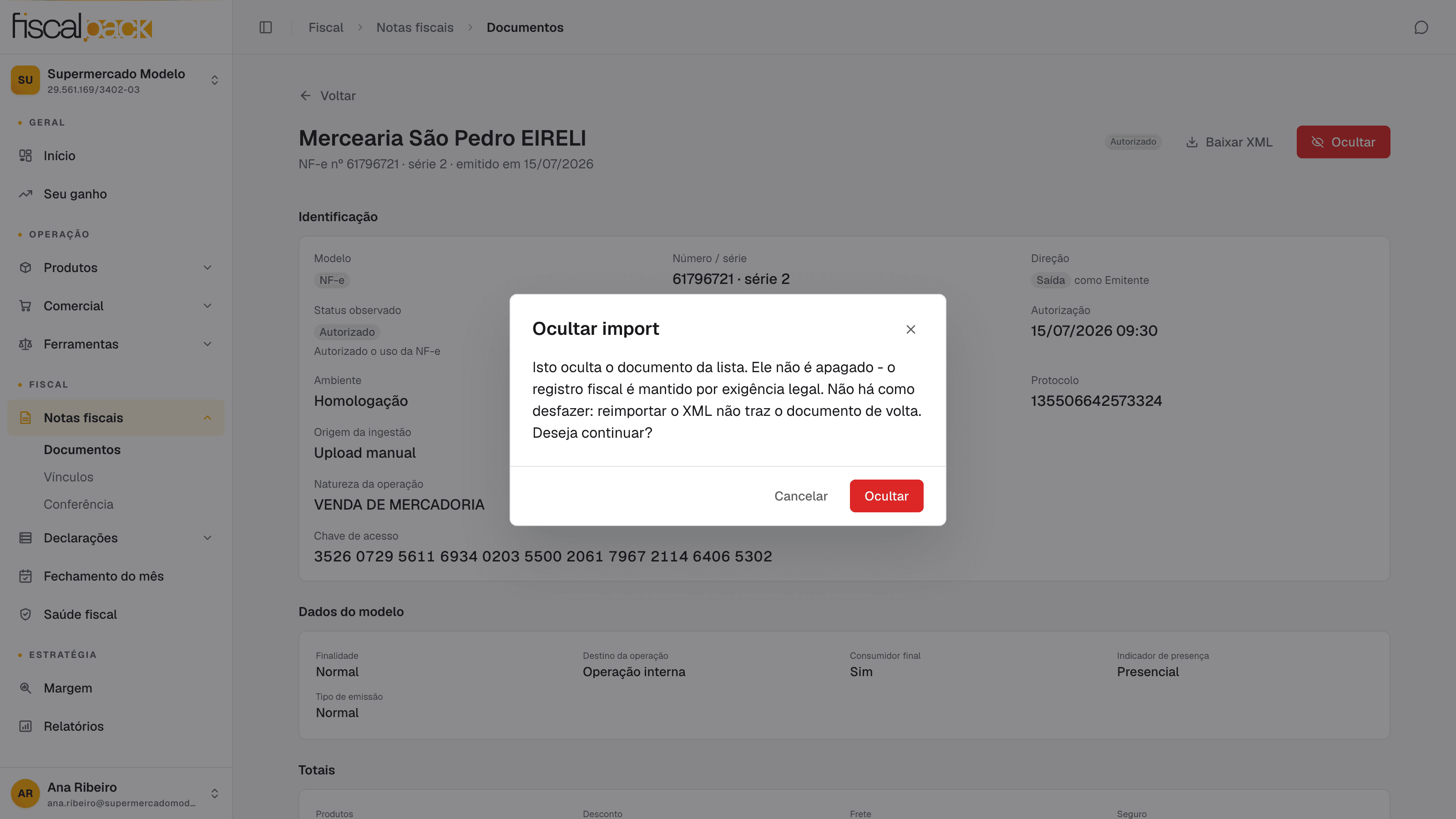 confirmação de Ocultar import na ficha de um documento fiscal