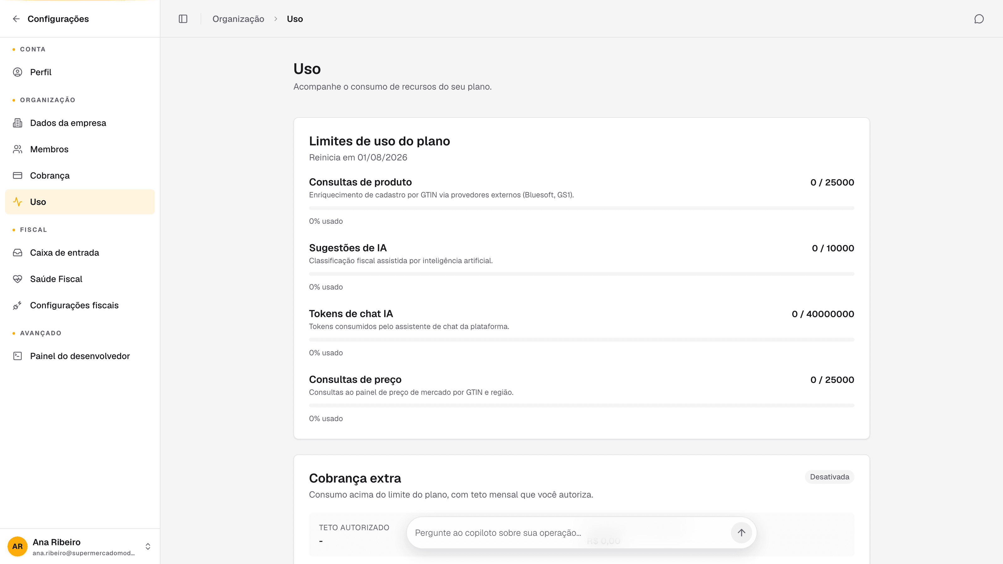 tela de Uso em Configurações com o consumo do ciclo e a cobrança extra