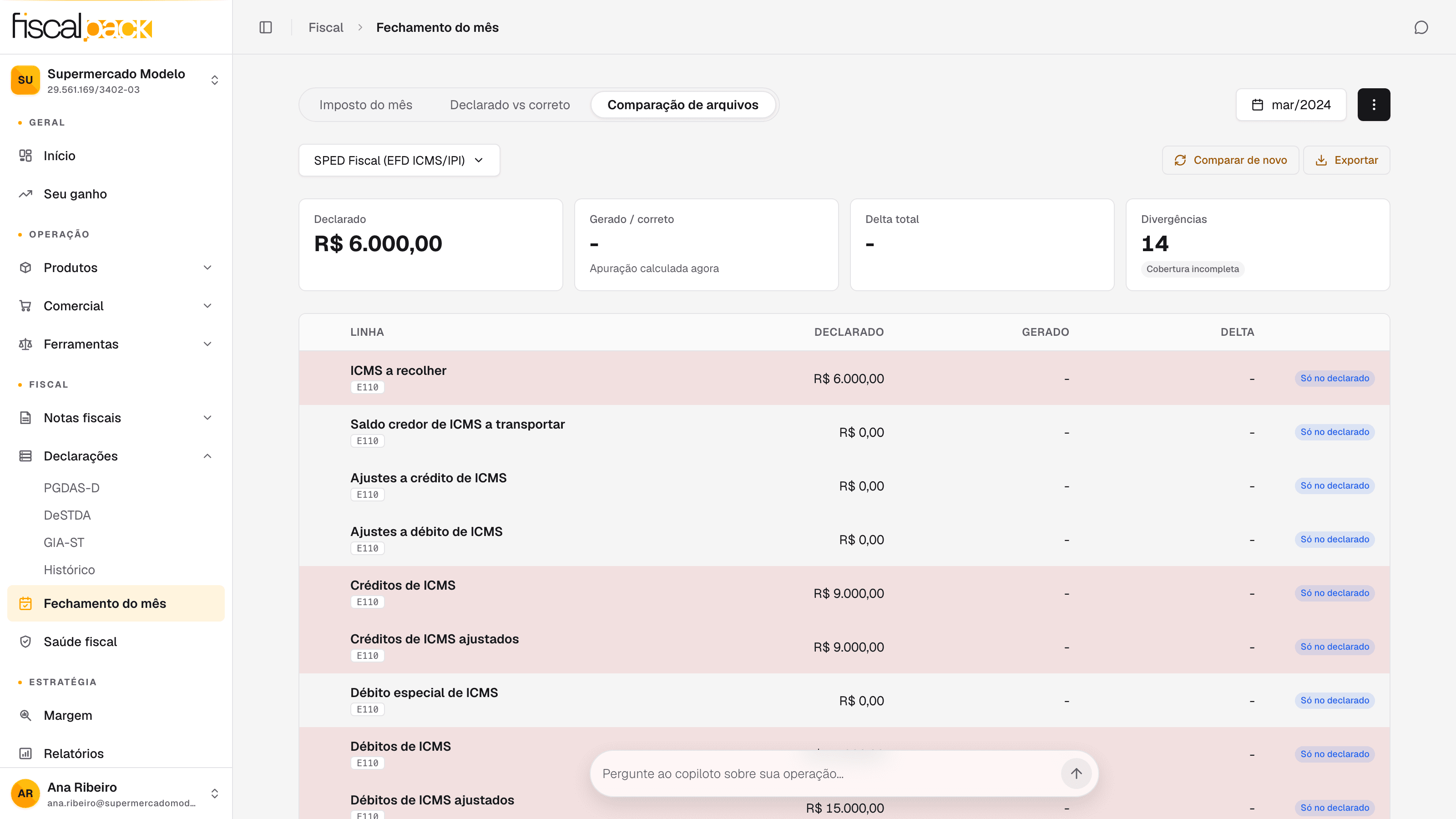 etapa Comparação de arquivos com as colunas Declarado e Gerado lado a lado e a diferença por linha