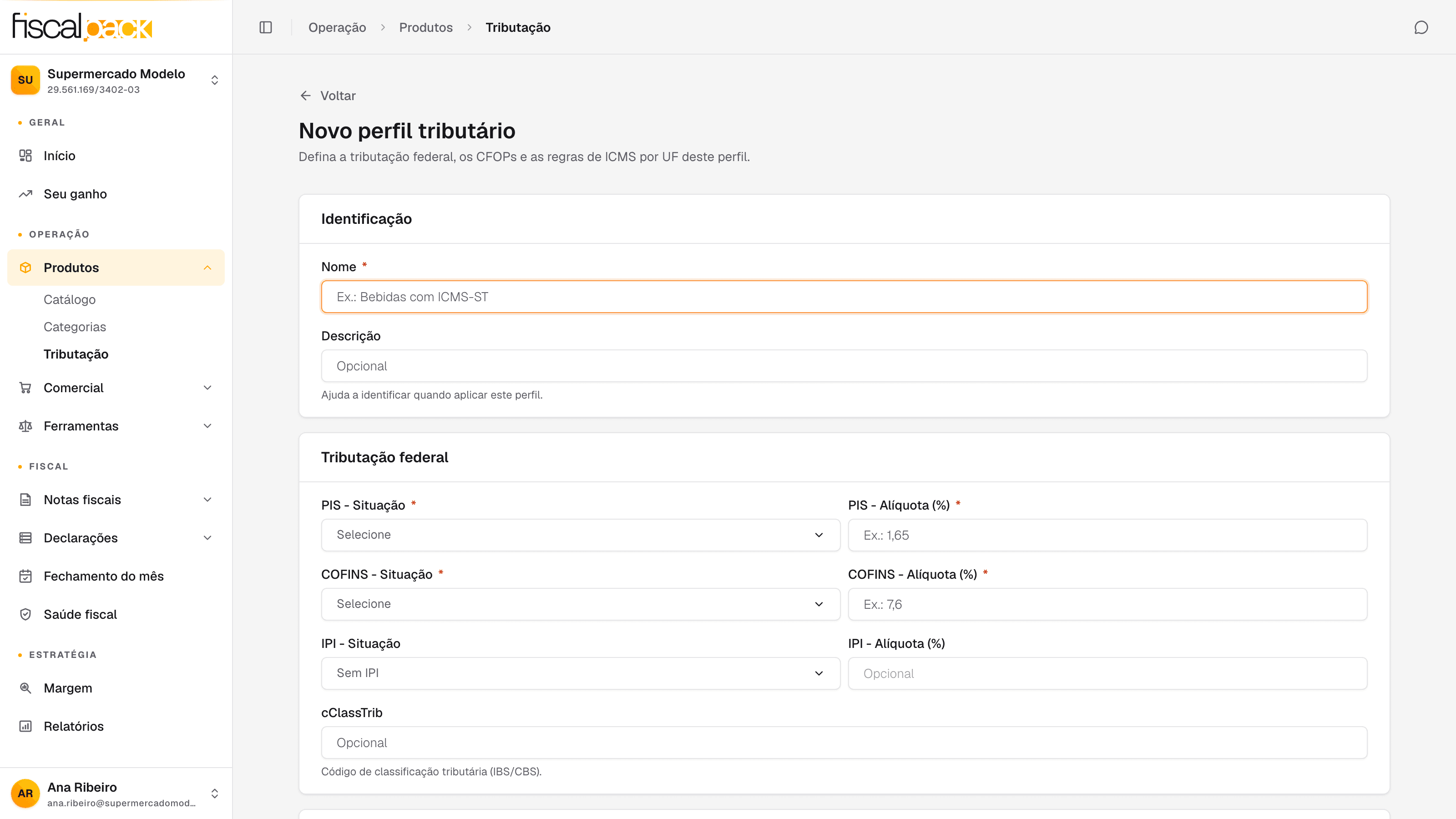 tela de novo perfil tributário com os cartões Identificação e Tributação federal