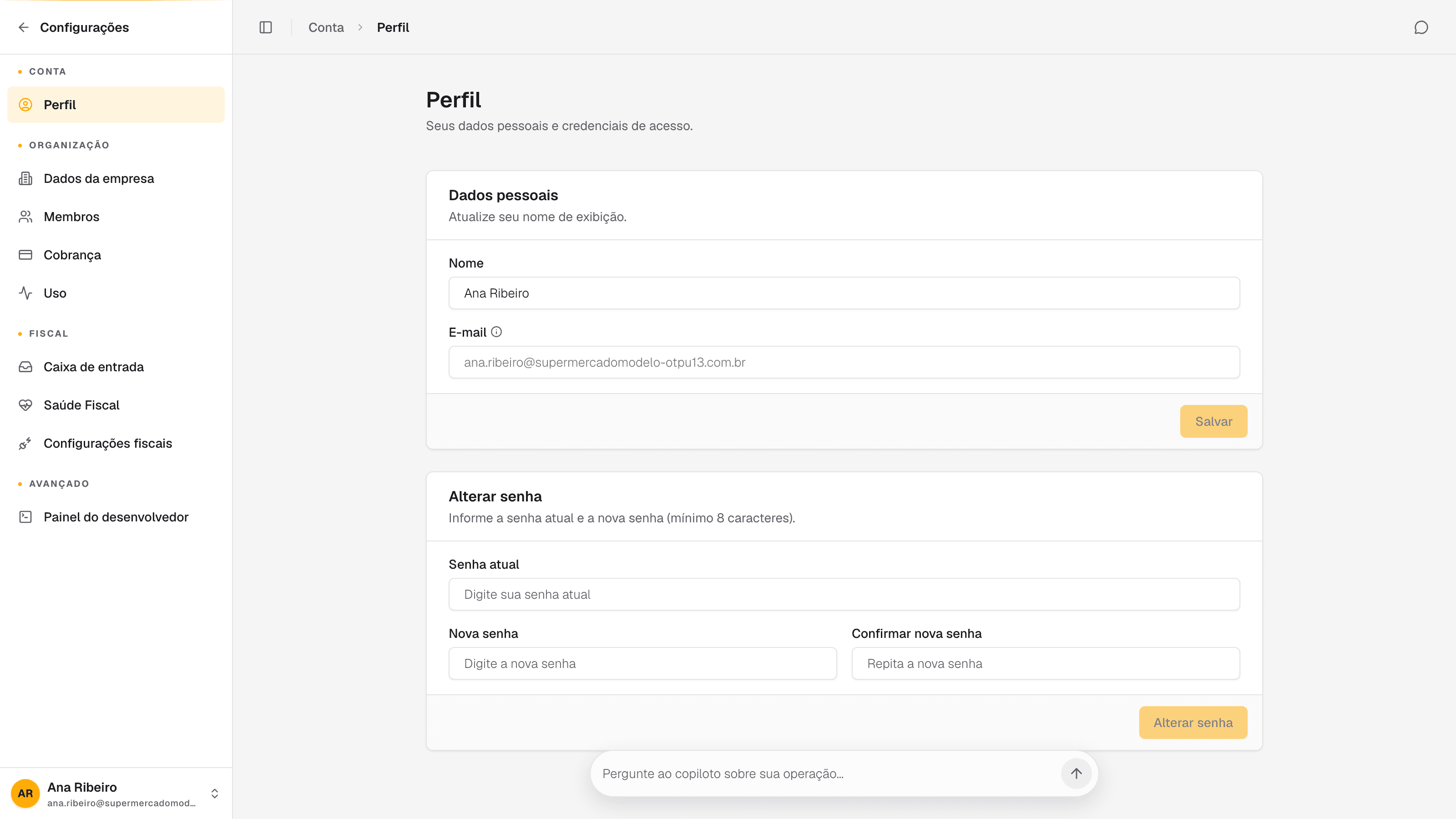 tela de Perfil em Configurações
