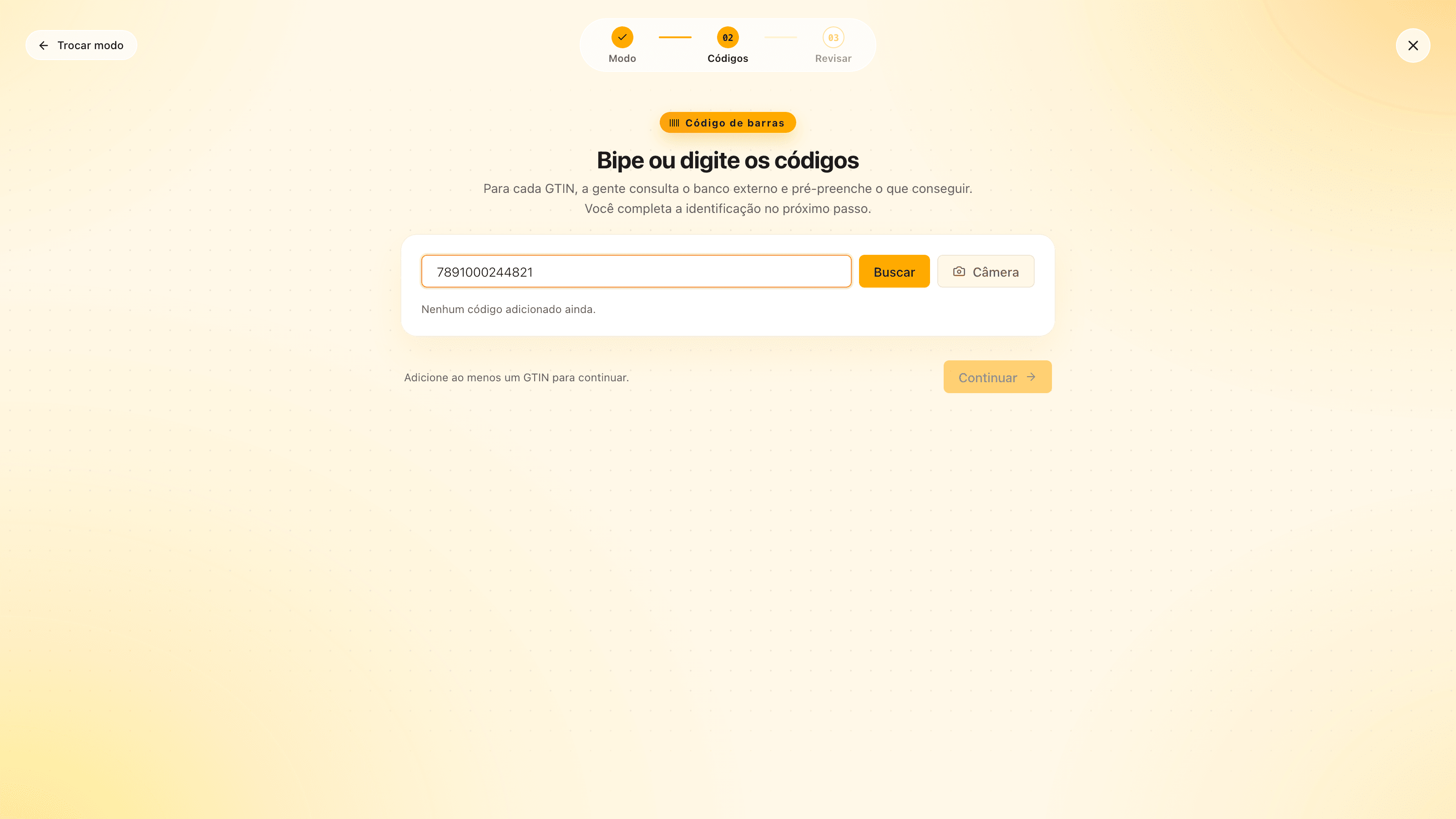 modo Código de barras com o campo de GTIN pronto para bipar ou digitar