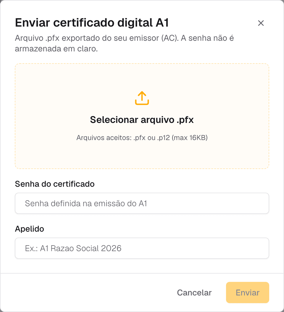 janela Enviar certificado digital A1 com o campo de arquivo e a senha