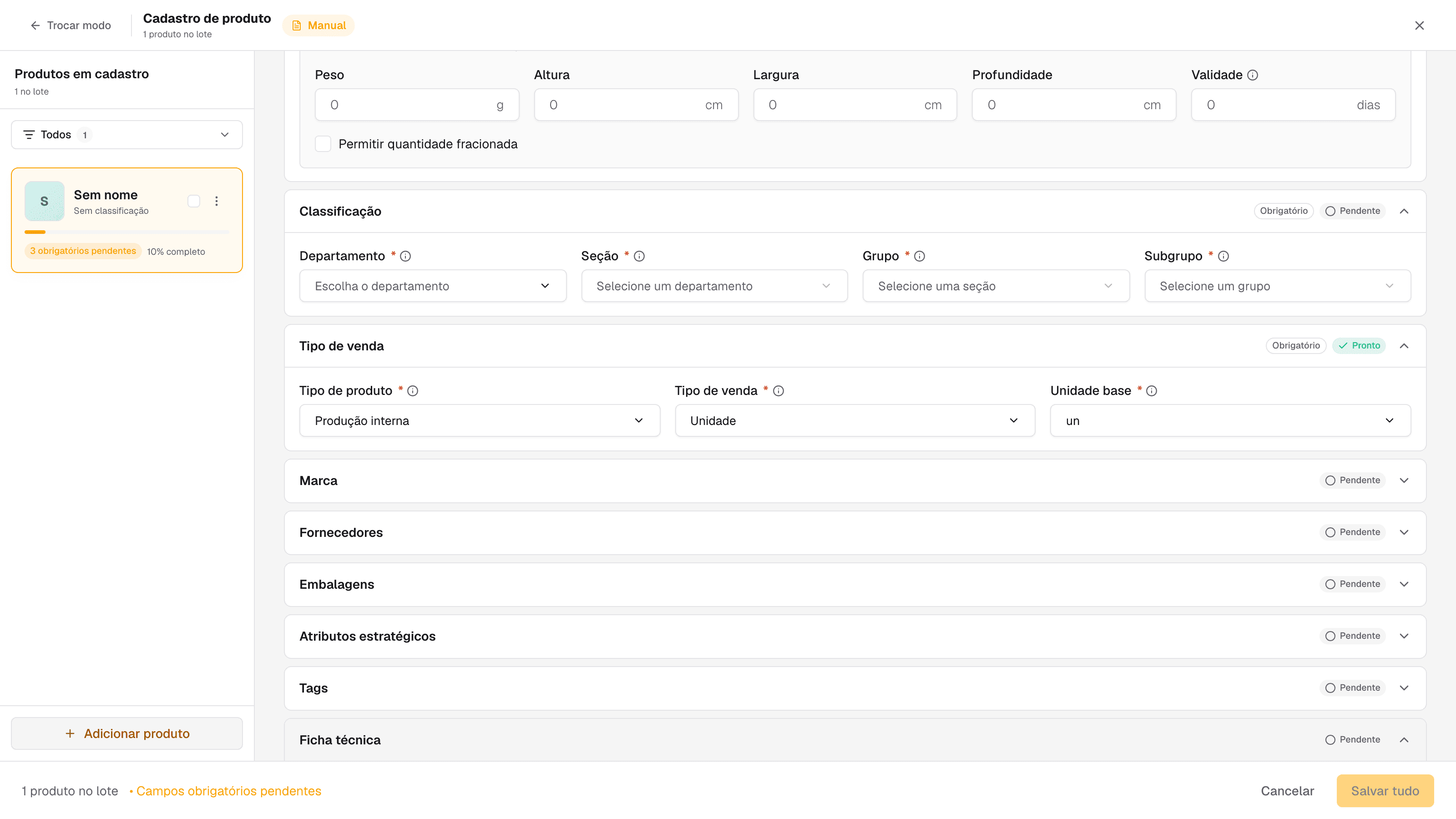 bloco Ficha técnica com o rendimento da receita e o seletor de ingredientes