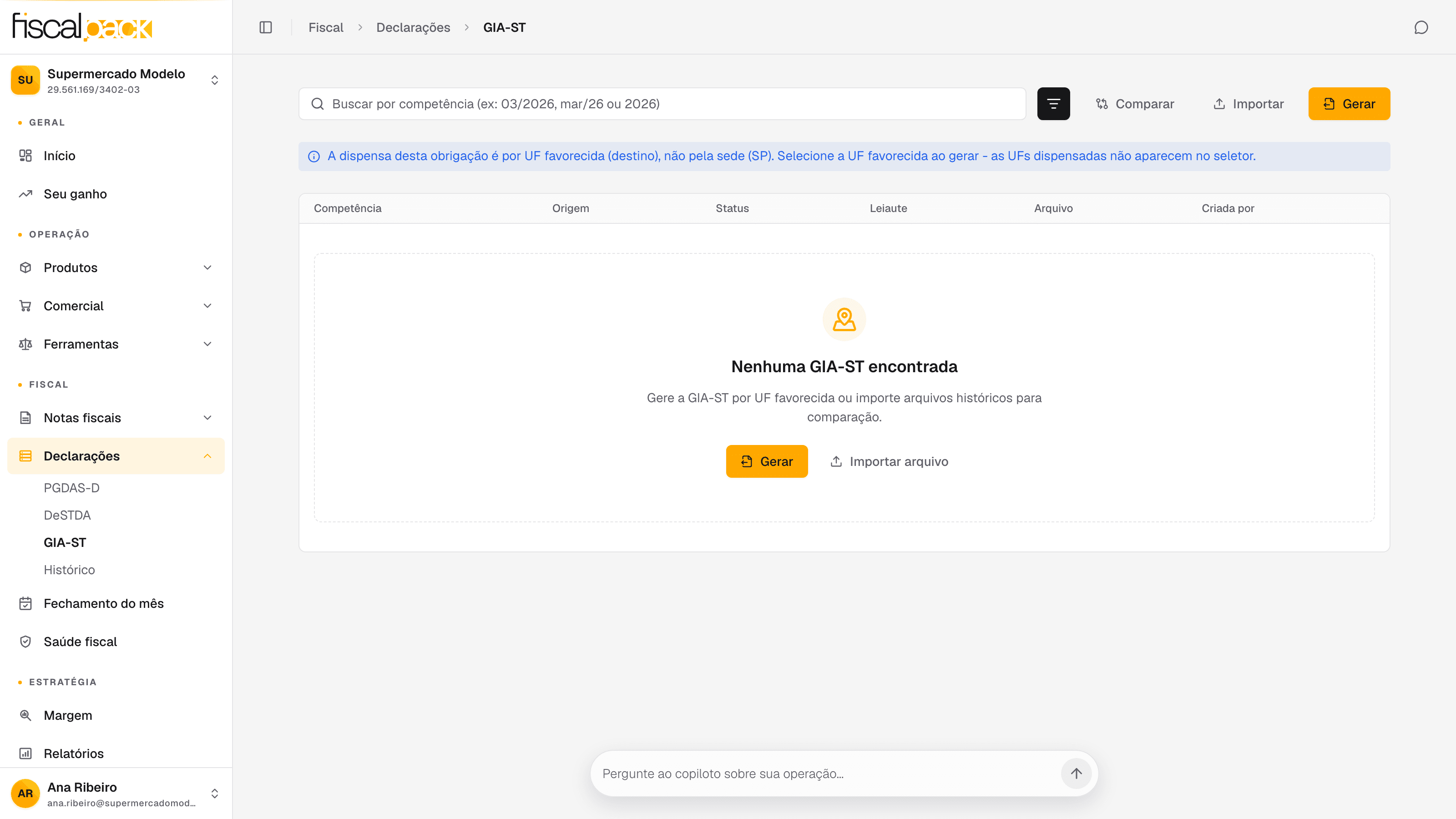 tela GIA-ST com o aviso de aplicabilidade por UF e as ações Importar e Gerar