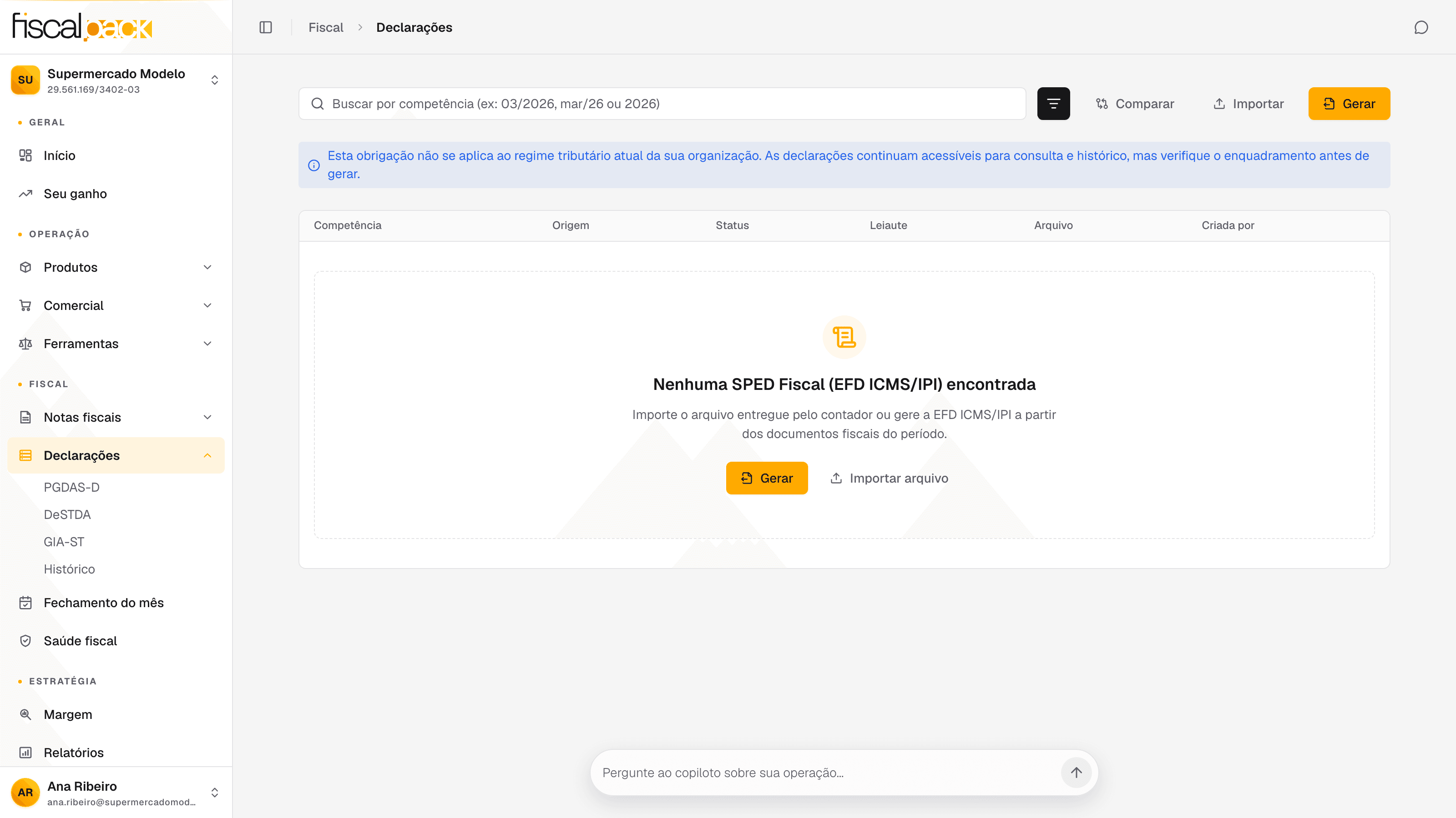 tela SPED Fiscal (EFD ICMS/IPI) com a lista de declarações e as ações Comparar, Importar e Gerar