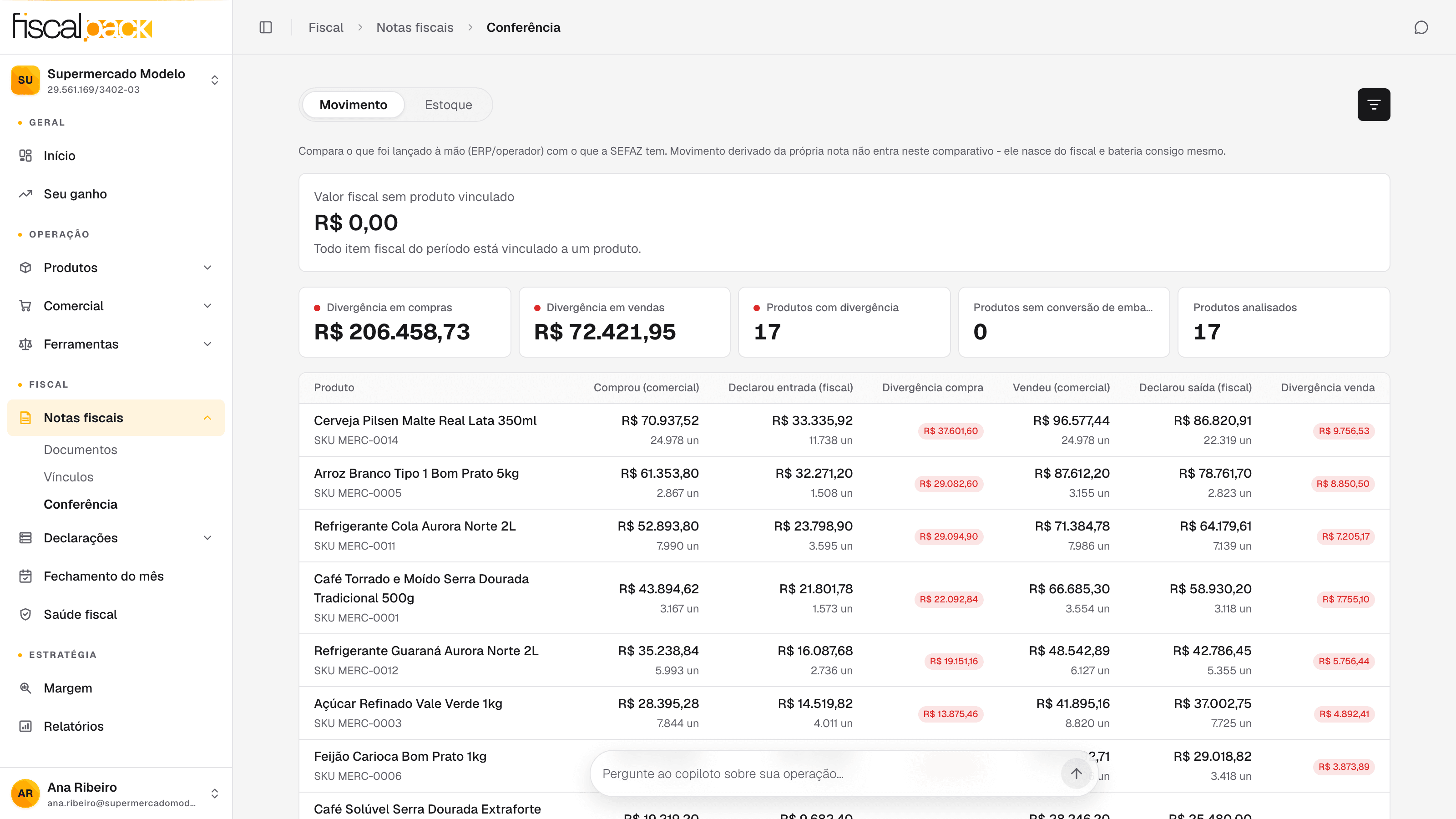 painel de Conferência com o valor fiscal sem produto vinculado e as divergências de movimento