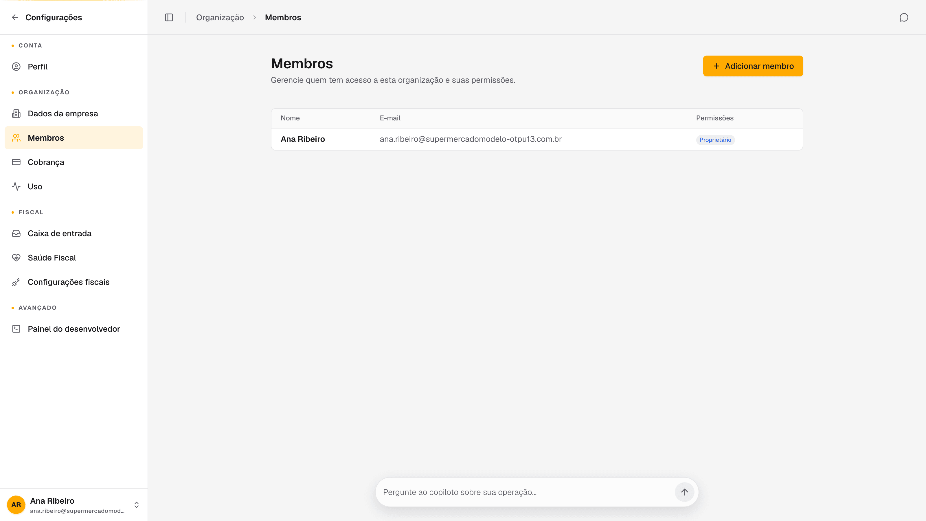 tela Membros com a lista de pessoas e as permissões