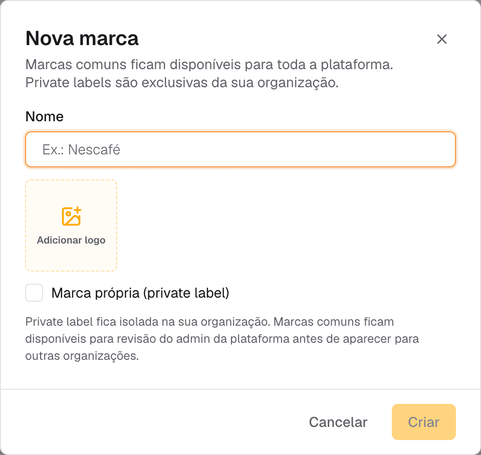 modal Nova marca com a opção Marca própria (private label) marcada