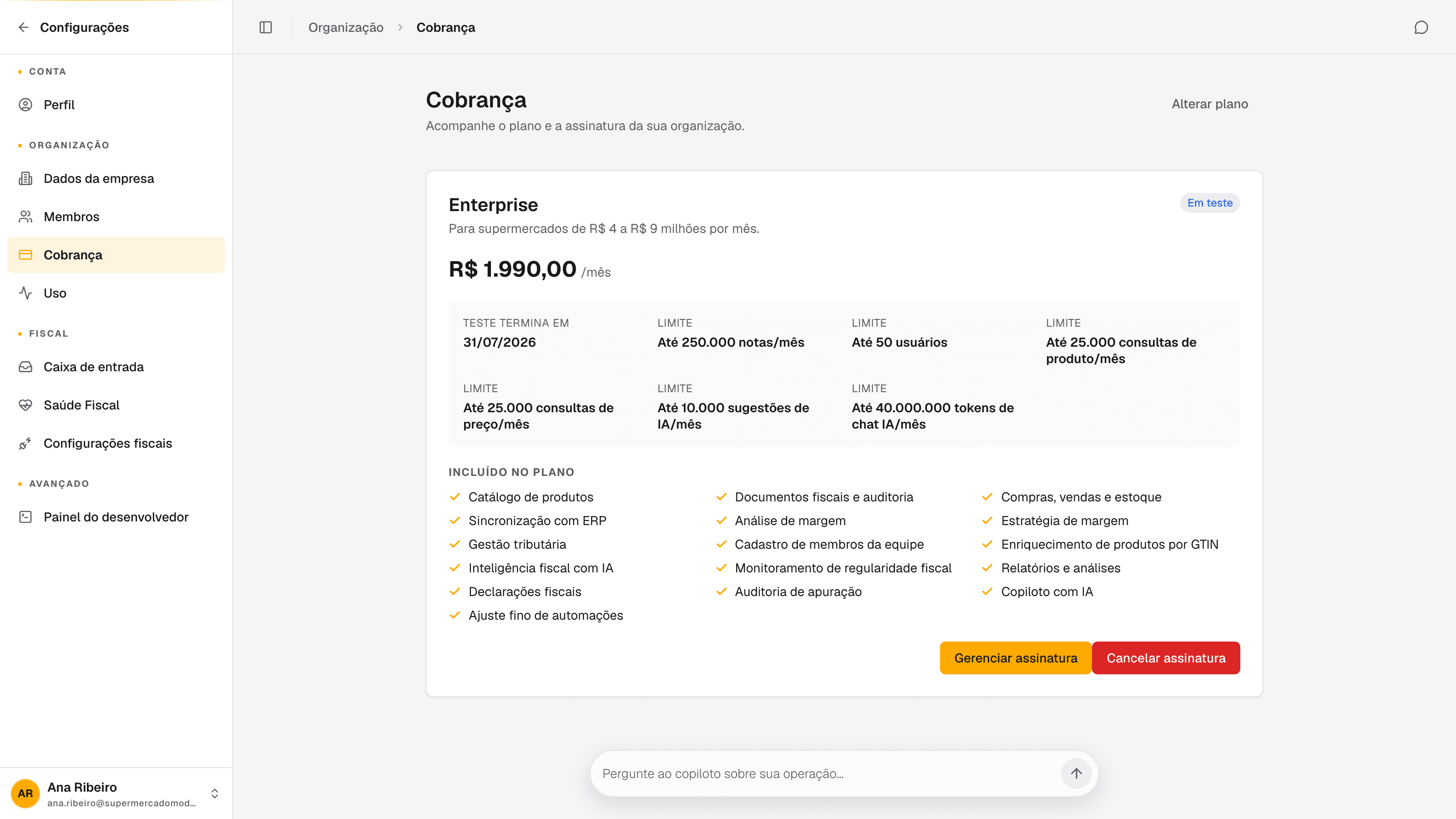 tela de Cobrança com o plano atual e as ações
